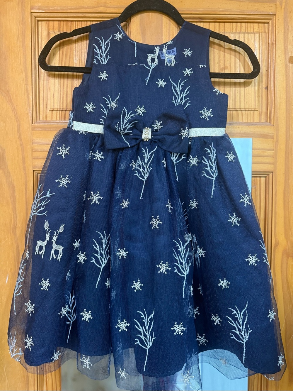 Blueberi Boulevard Navy Tulle Dress with Silver Embroidery and Bow